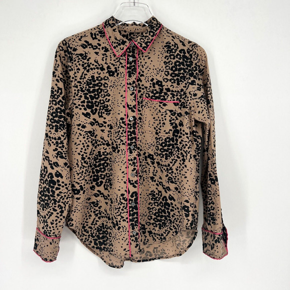 J.Crew Blouse Women's S Leopard Print Button Up Collared Long Sleeve Pink Piping - Picture 1 of 4